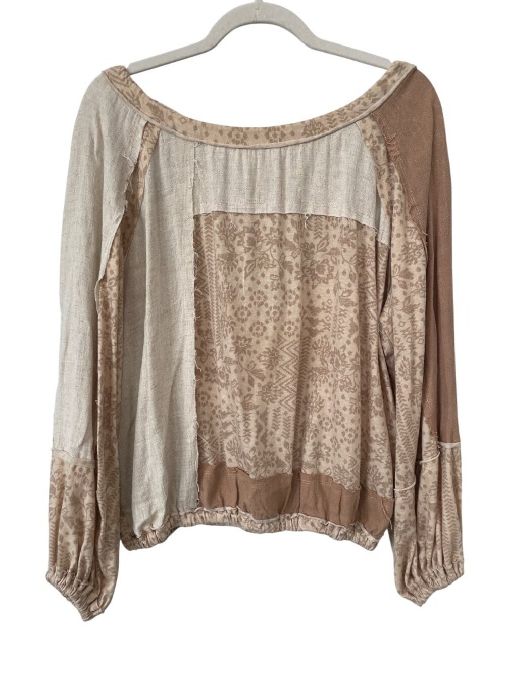 BKE Gimmicks Peasant Blouse Large Patchwork Floral Tie Back Neutral Boho Cottage
